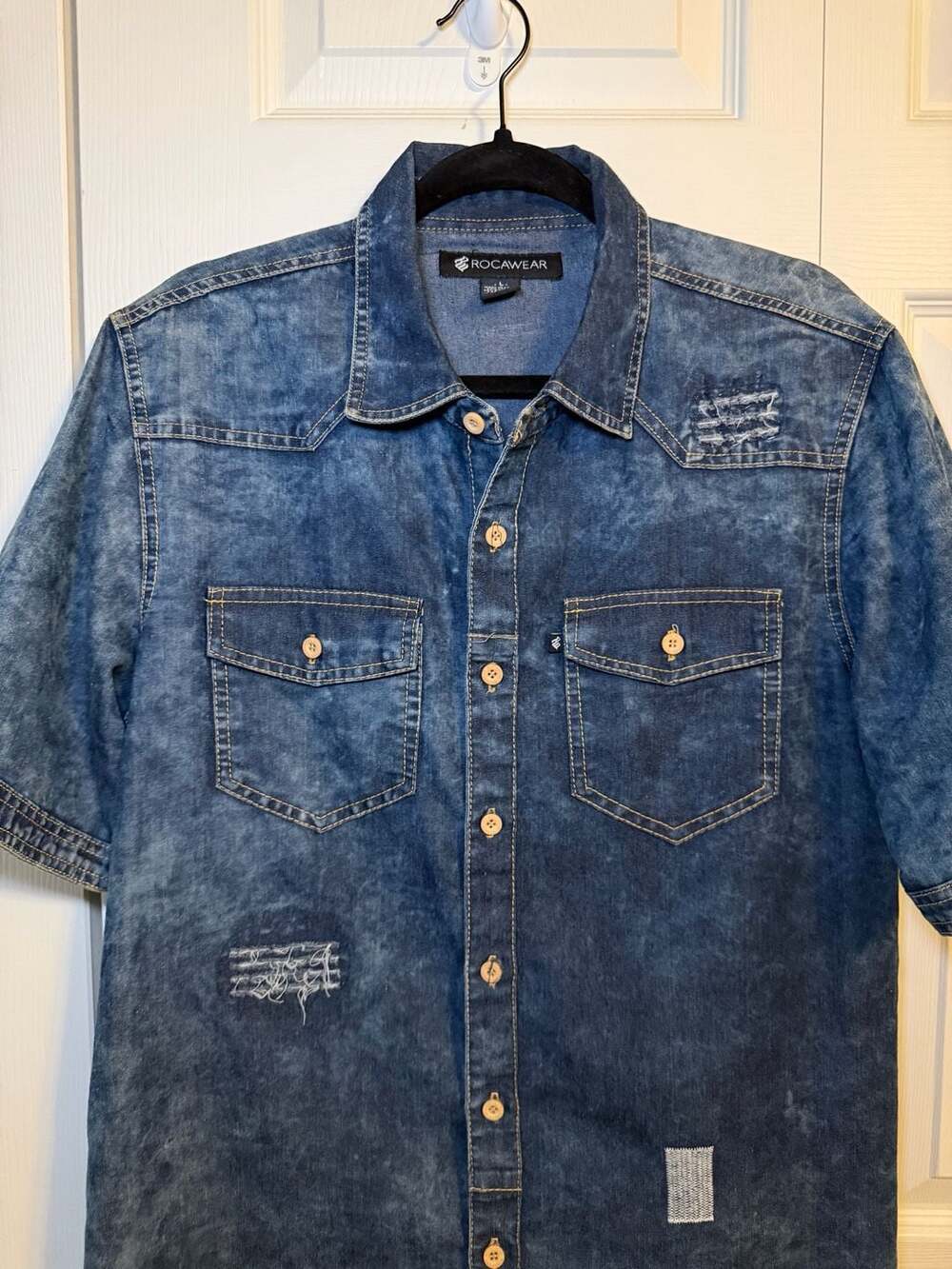 Rocawear Denim Short Sleeve Shirt Size L Acid Wash Distressed